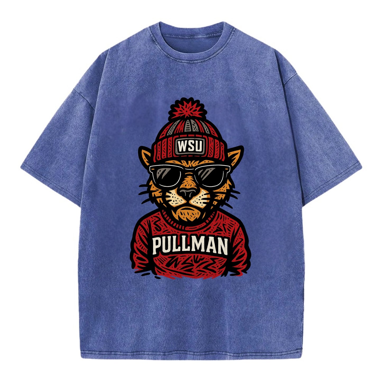 Pullman Cougar wearing Washington State beanie with WSU patch - Vintage T-shirt - Blue