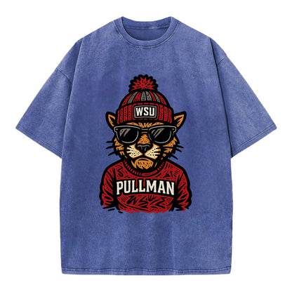Pullman Cougar wearing Washington State beanie with WSU patch - Vintage T-shirt - Blue