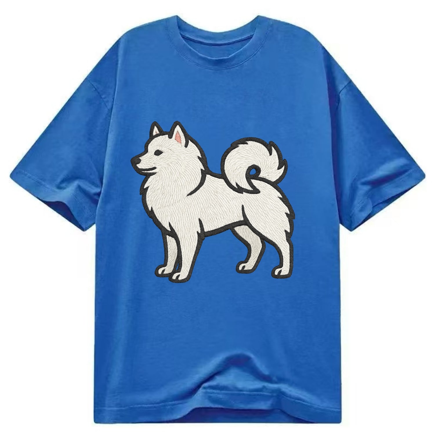 American Eskimo Dog - White spitz embroidered standing design - Classic T-shirt - Blue