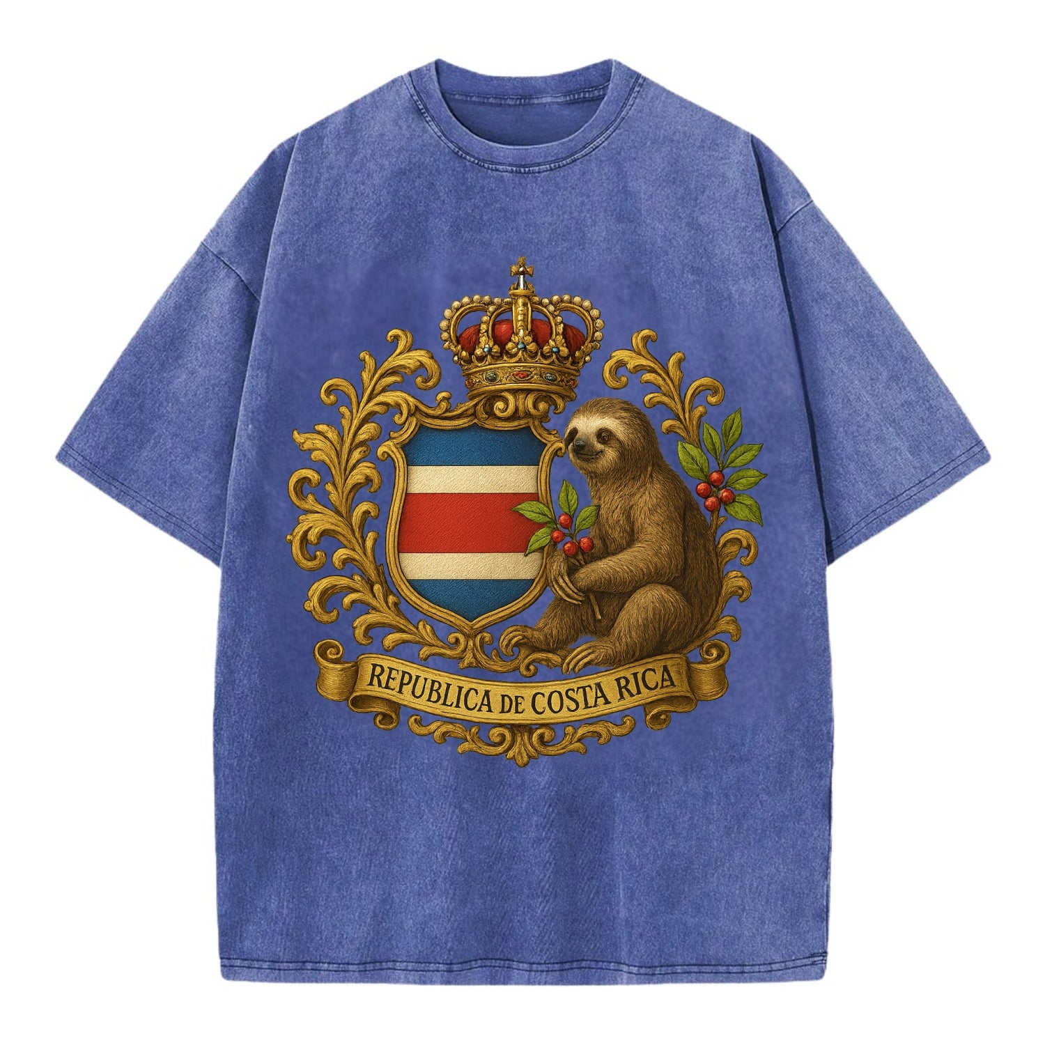 Costa Rica Sloth Emblem  - Vintage T-shirt - Blue