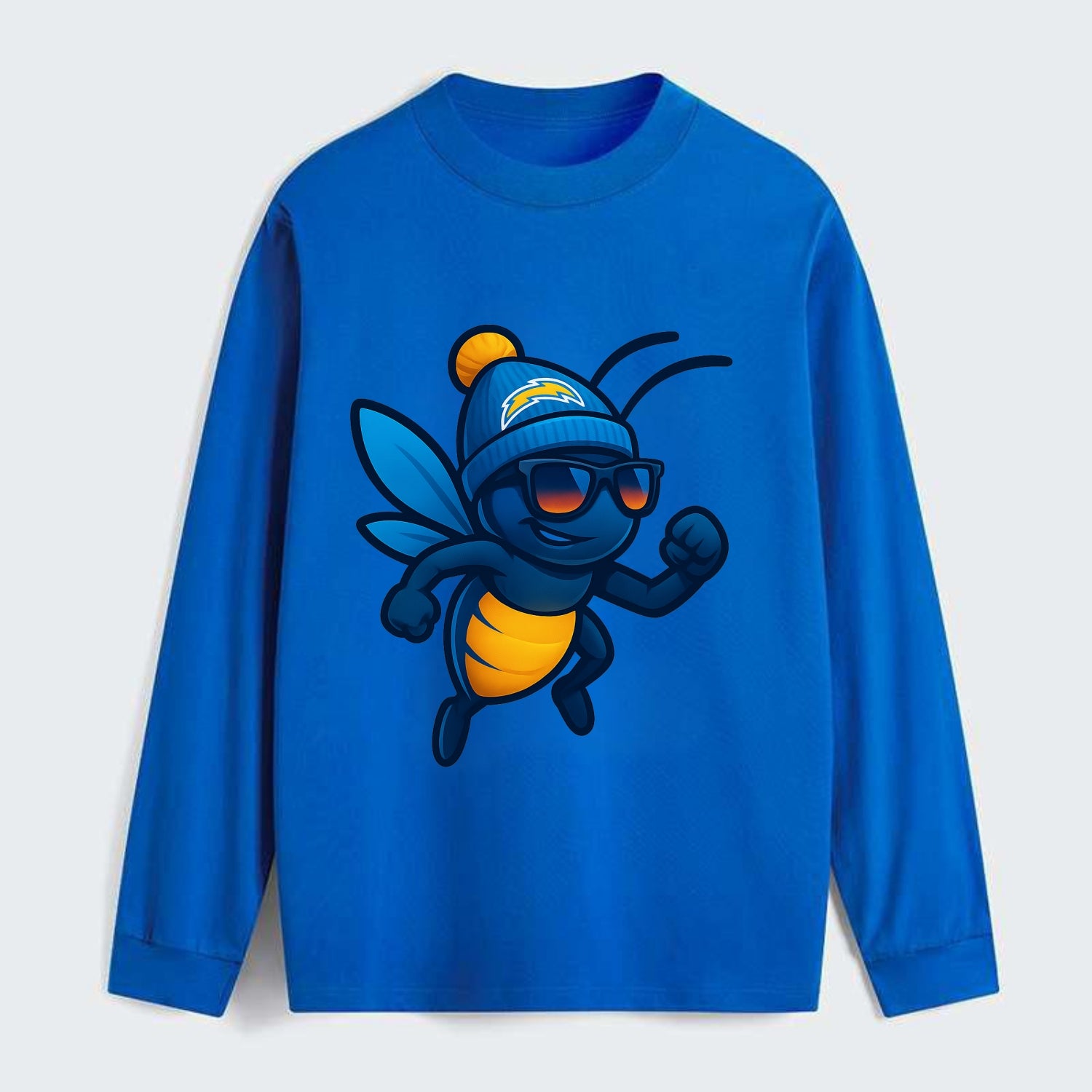 LA Lightning Bug wearing Chargers powder blue and gold beanie with pom - Classic Long Sleeve Shirt - Blue
