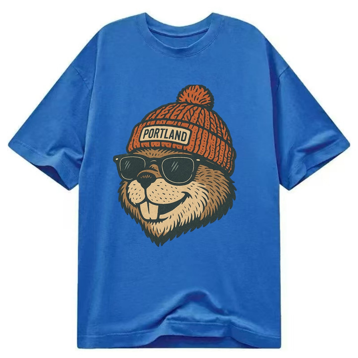 Oregon Beaver wearing Portland beanie with pom pom and wayfarer sunglasses - Classic T-shirt - Blue