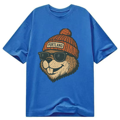 Oregon Beaver wearing Portland beanie with pom pom and wayfarer sunglasses - Classic T-shirt - Blue
