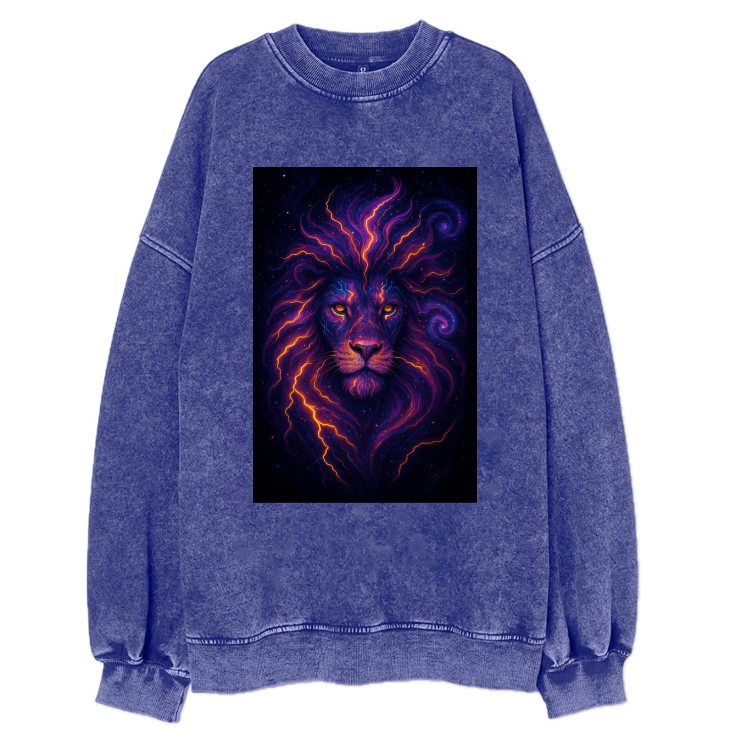 Regal lion with mane made of electric currents, neon yellow and hot pink - Vintage Sweatshirt - Blue