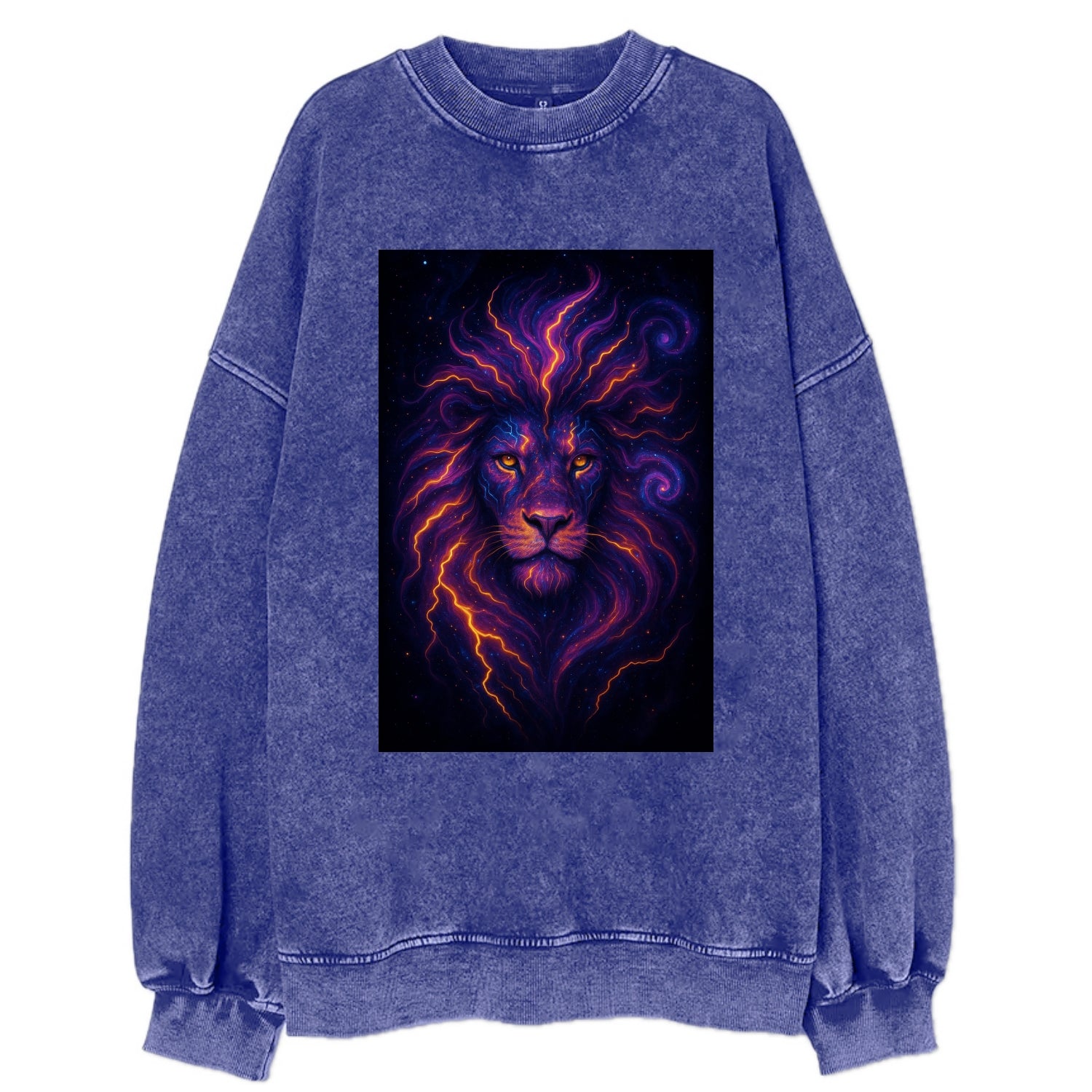 Regal lion with mane made of electric currents, neon yellow and hot pink - Vintage Sweatshirt - Blue
