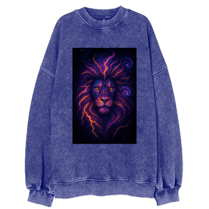 Regal lion with mane made of electric currents, neon yellow and hot pink - Vintage Sweatshirt - Blue