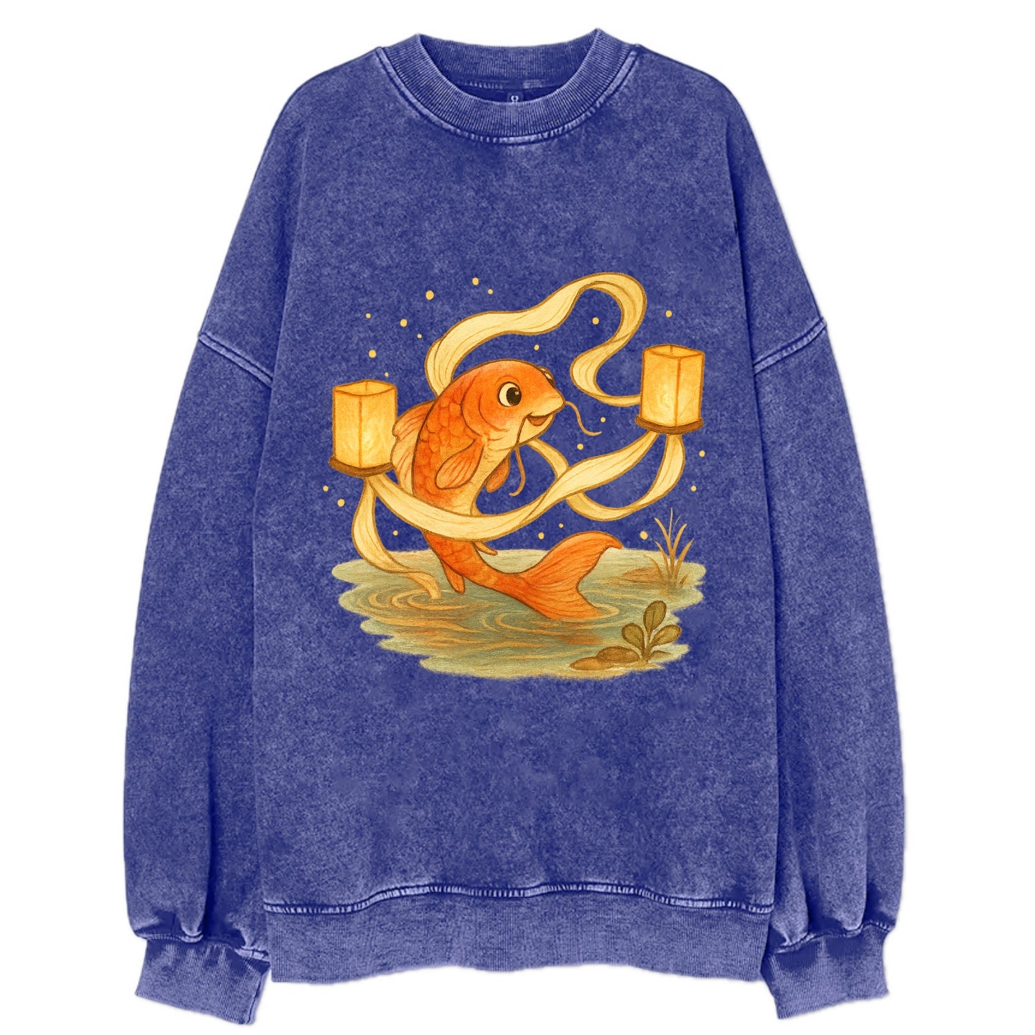 Koi weaving silk streamers through floating lanterns on tranquil water - Vintage Sweatshirt - Blue