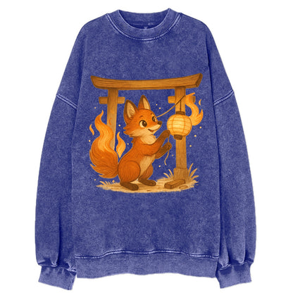 Foxfire kitsune stringing lanterns along a torii gate with tails of living - Vintage Sweatshirt - Blue