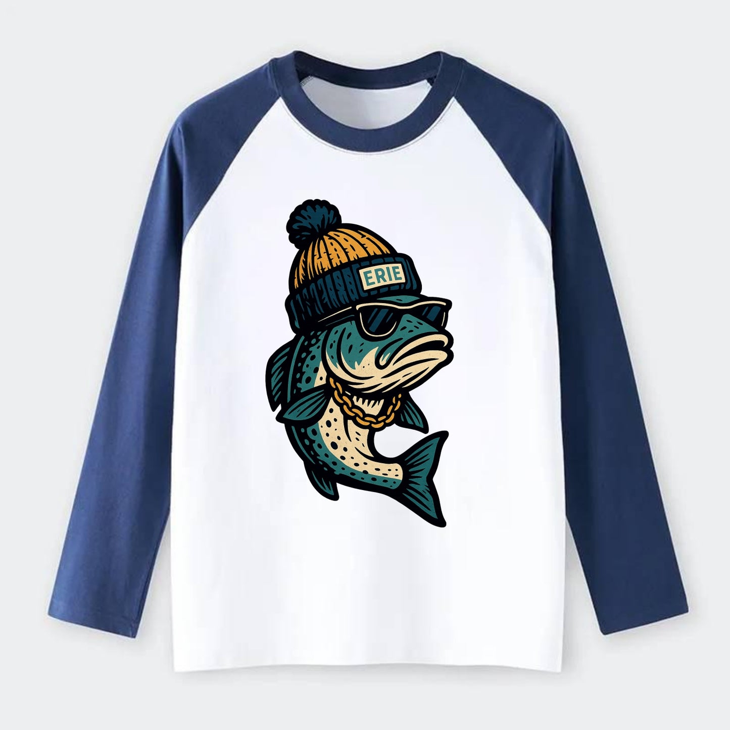 Erie Lake Trout wearing Erie beanie with - Raglan Long Sleeve T-Shirt - Blue
