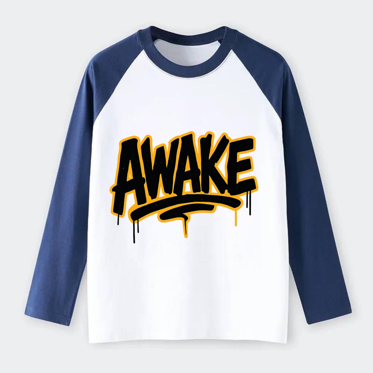 Bold typography design - "AWAKE" - conscious, aware, alert - Raglan Long Sleeve T-Shirt - Blue
