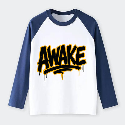 Bold typography design - "AWAKE" - conscious, aware, alert - Raglan Long Sleeve T-Shirt - Blue
