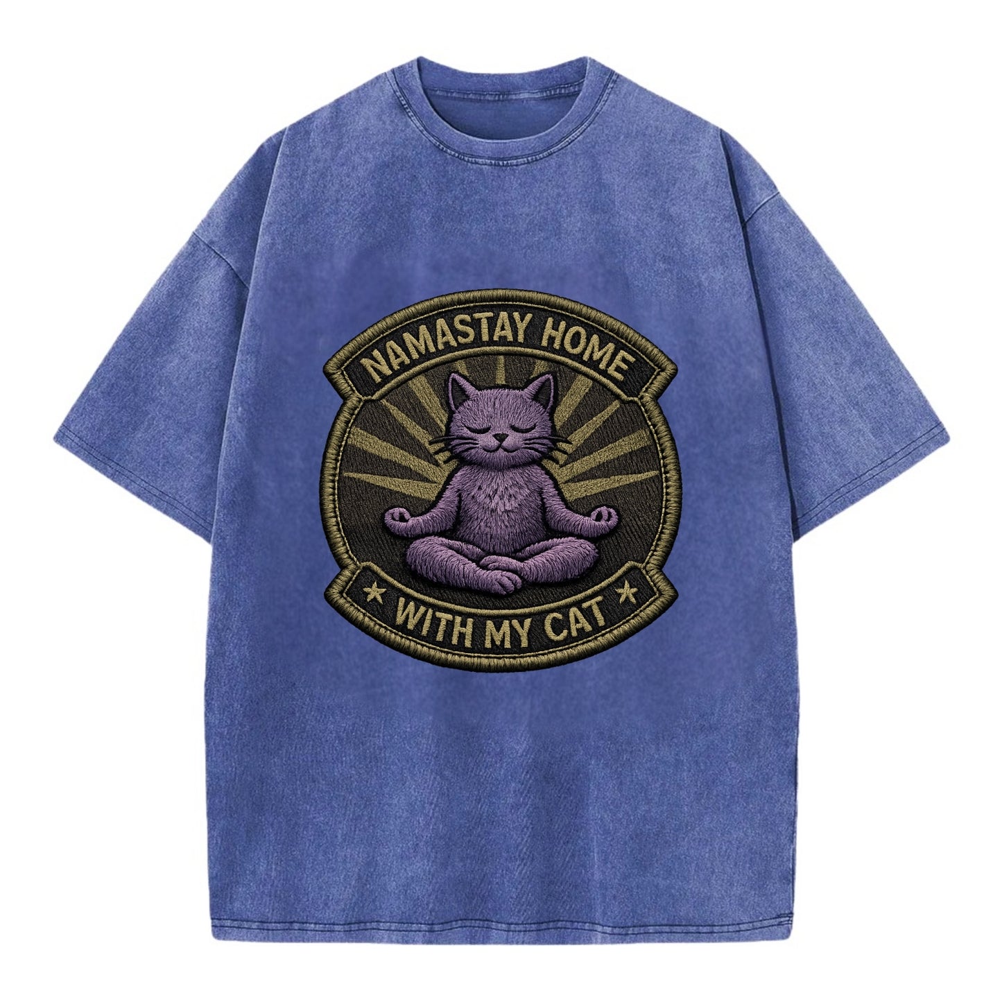 NAMASTAY HOME WITH MY CAT - yoga cat in purple , introvert cat - Vintage T-shirt - Blue