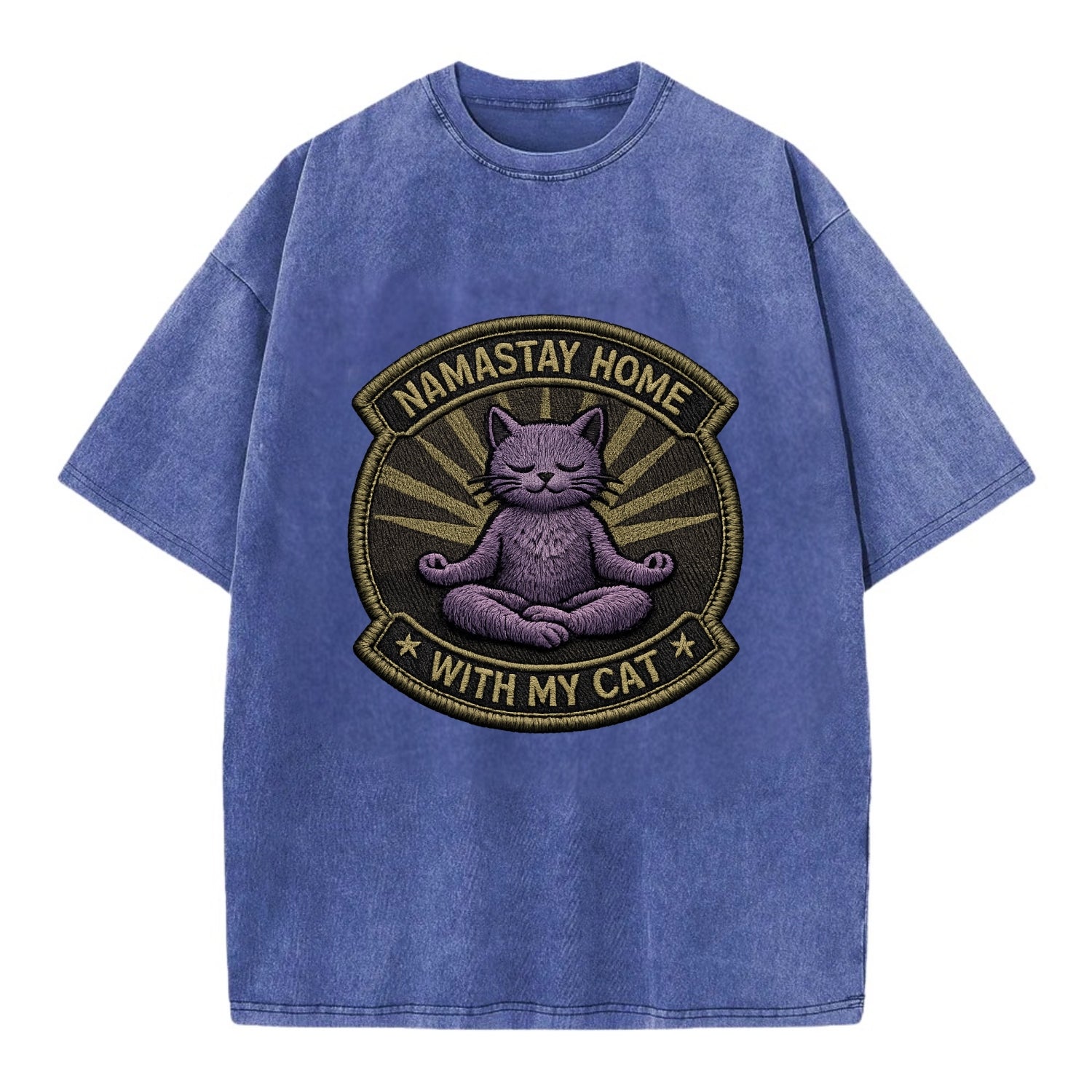 NAMASTAY HOME WITH MY CAT - yoga cat in purple , introvert cat - Vintage T-shirt - Blue