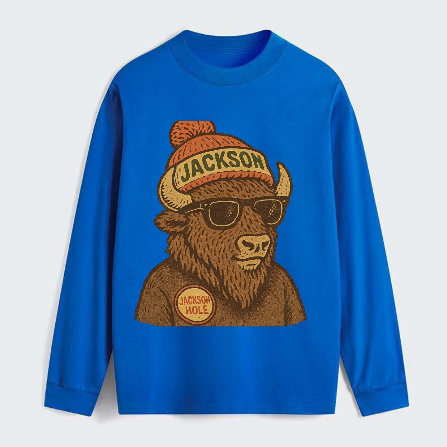 Jackson Hole Bison wearing Jackson beanie with pom pom and wayfarer - Classic Long Sleeve Shirt - Blue