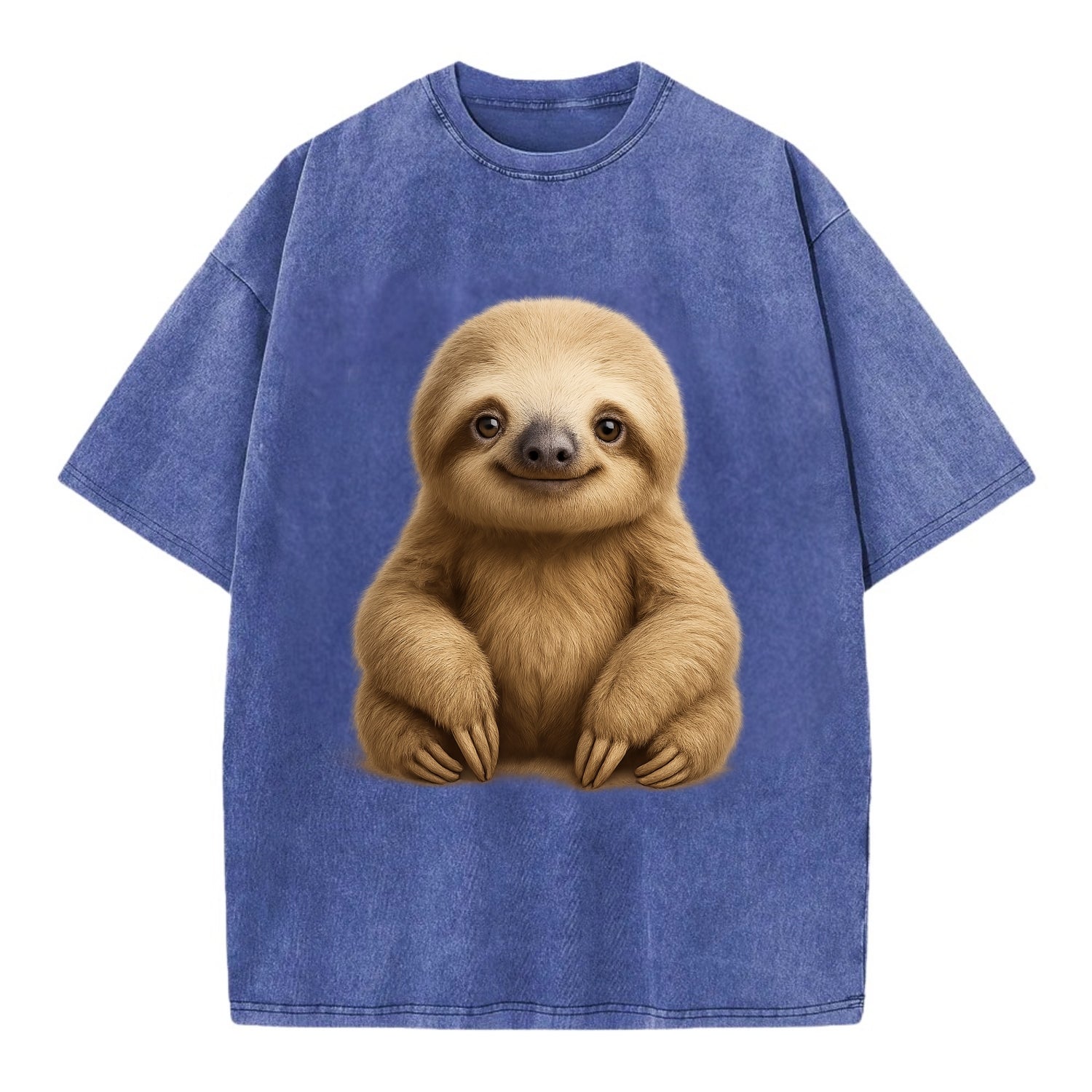 Baby Sloth - tan fur, long arms, peaceful smile, gentle eyes, front-facing, zen - Vintage T-shirt - Blue