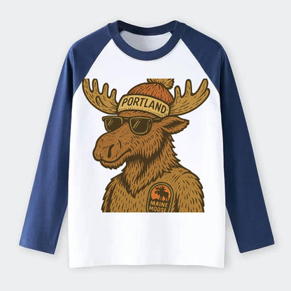 Maine Moose wearing Portland beanie with pom pom and wayfarer - Raglan Long Sleeve T-Shirt - Blue