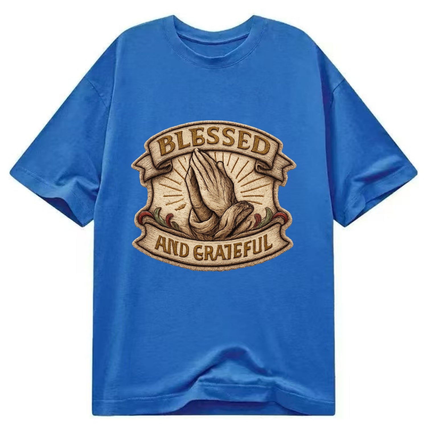 BLESSED AND GRATEFUL - praying hands with text in gold , thankful - Classic T-shirt - Blue