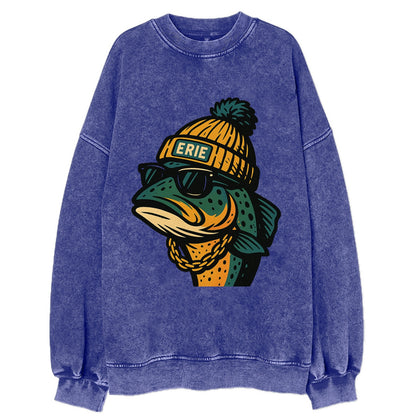 Erie Lake Trout wearing Erie beanie with pom pom and wayfarer sunglasses - Vintage Sweatshirt - Blue