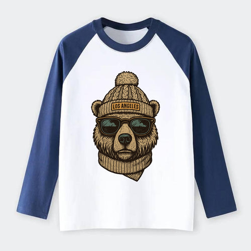 California Grizzly Bear wearing Los Angeles beanie with pom pom and - Raglan Long Sleeve T-Shirt