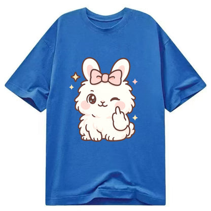 fluffy white angora rabbit with pink bow, one paw delicately flipping off - Classic T-shirt - Blue