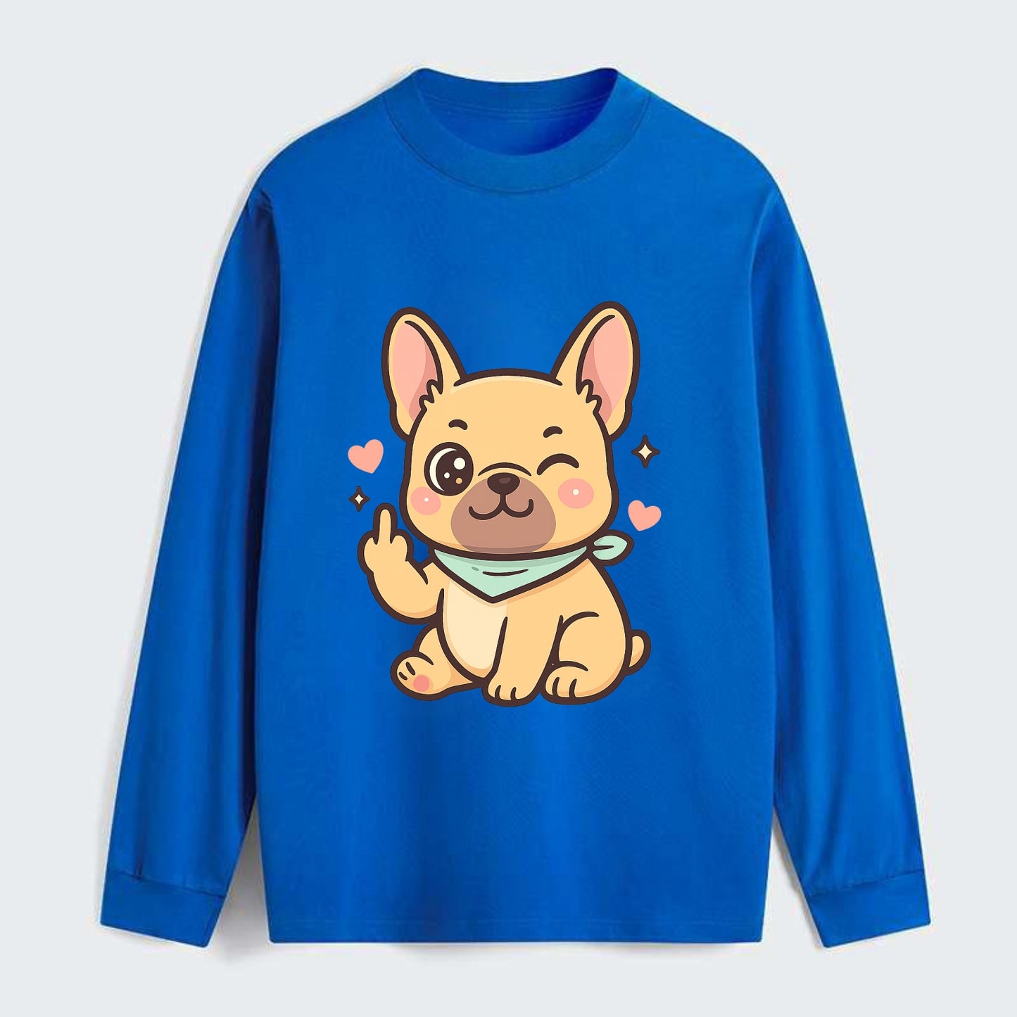 French Bulldog sitting with bat ears up, strong paw with sass - Classic Long Sleeve Shirt - Blue