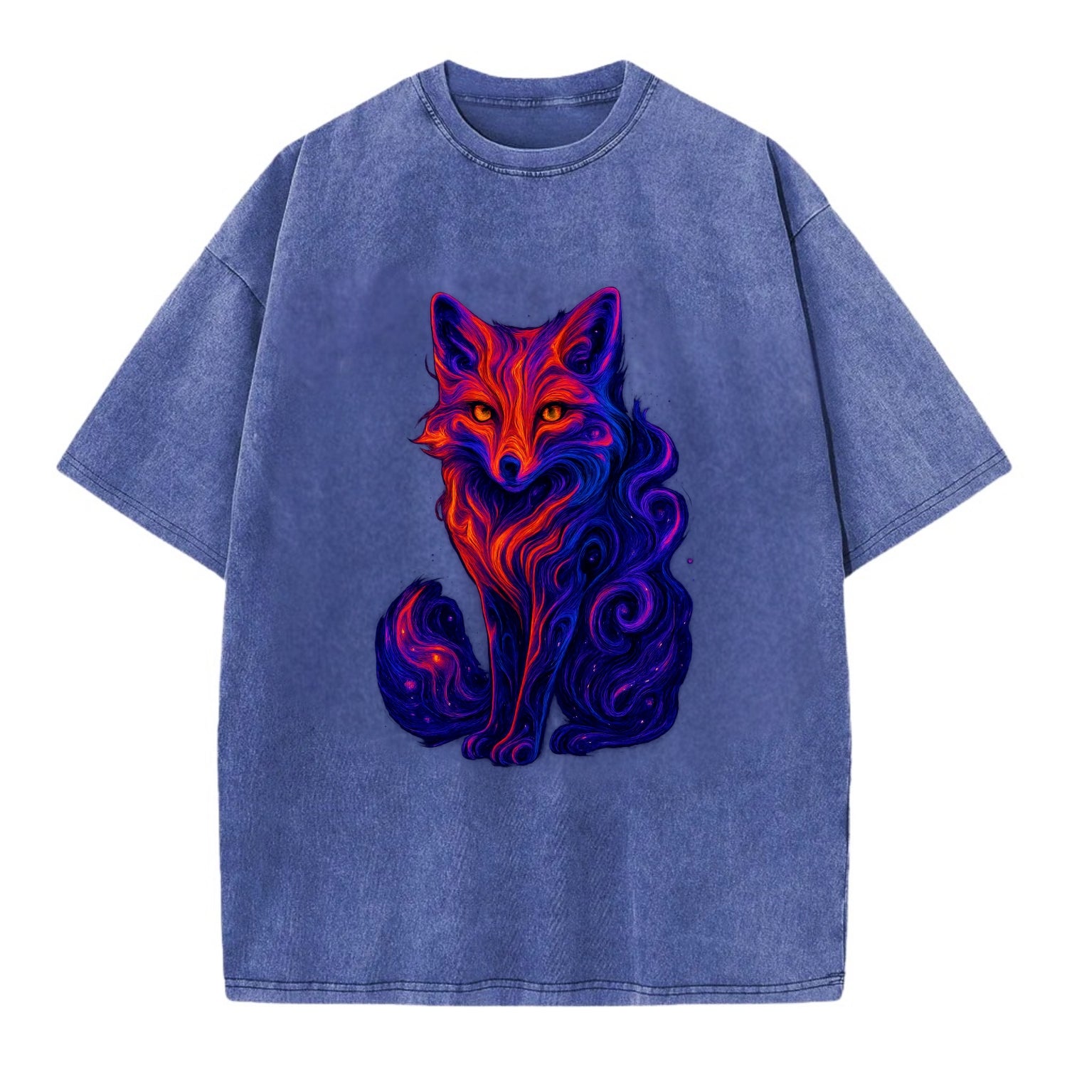 Clever fox with tail dissolving into cosmic nebula swirls, orange to purple - Vintage T-shirt - Blue
