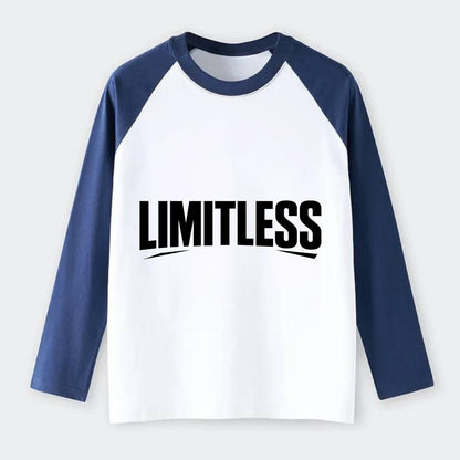 Bold typography design - "LIMITLESS" - no boundaries, infinite - Raglan Long Sleeve T-Shirt - Blue
