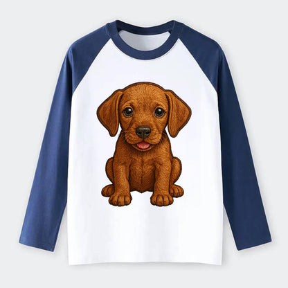 Baby Vizsla Puppy - golden rust coat, soulful eyes, athletic build, - Raglan Long Sleeve T-Shirt - Blue