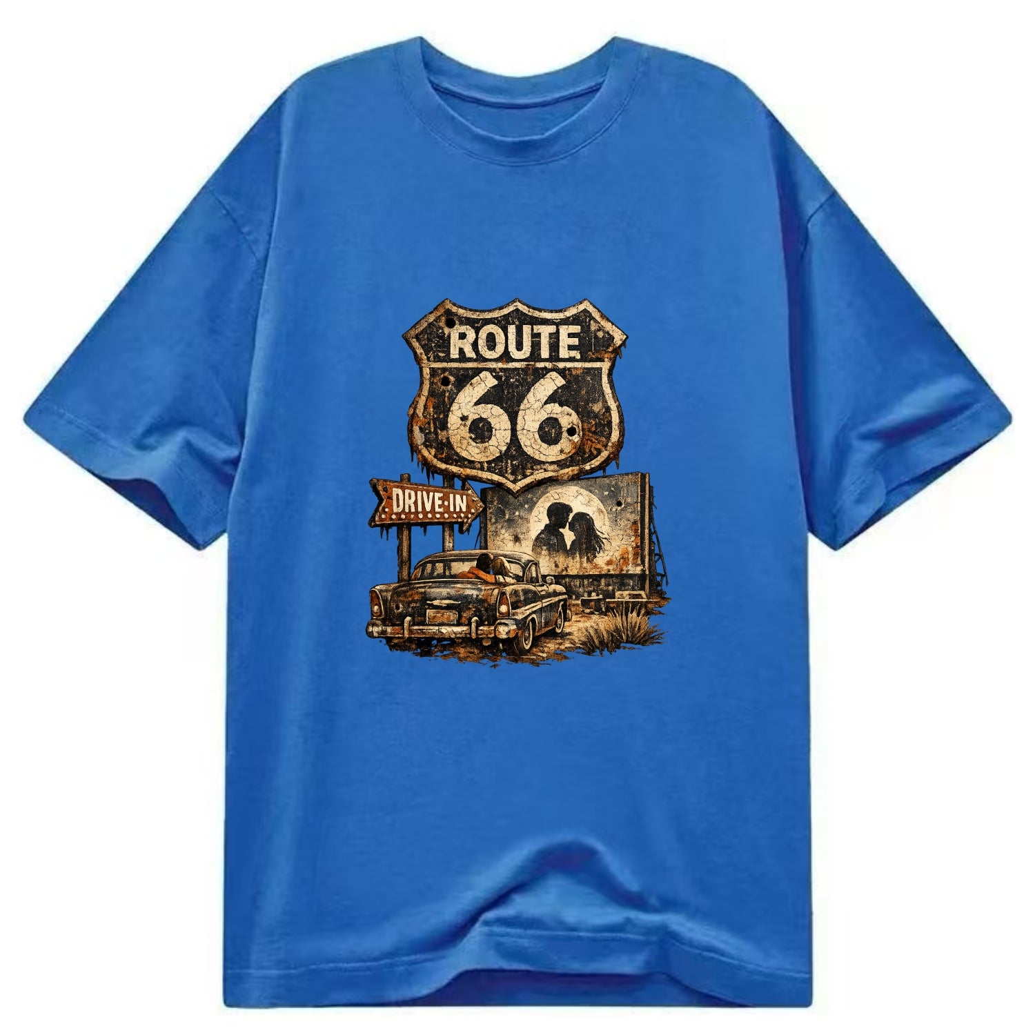 DRIVE-IN | Classic car at drive-in theater | Movie night romance | Americana - Classic T-shirt - Blue