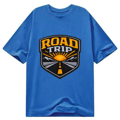 ROAD TRIP - highway and sun in orange and gray , open road - Classic T-shirt - Blue