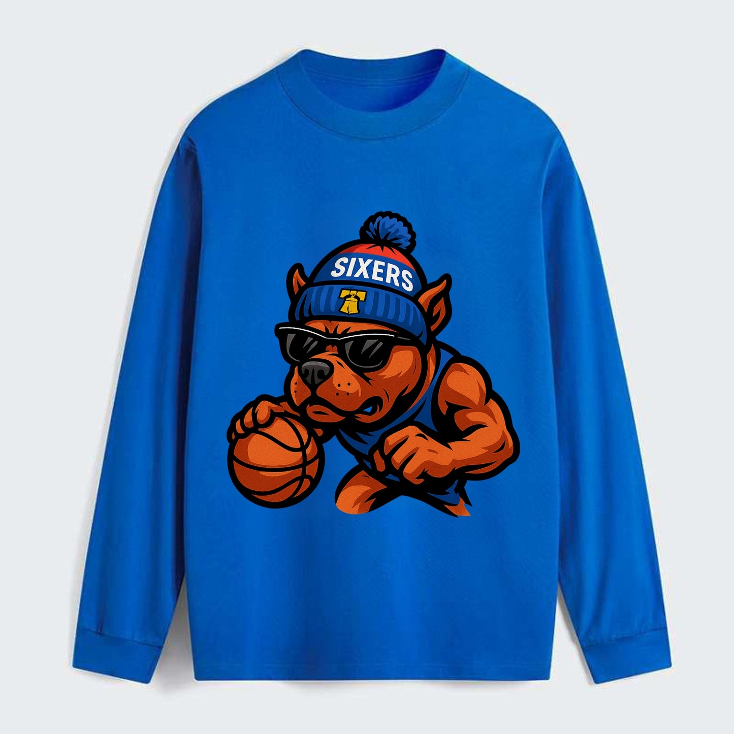 Philly Pitbull wearing Sixers beanie with Liberty Bell and wayfarer - Classic Long Sleeve Shirt - Blue