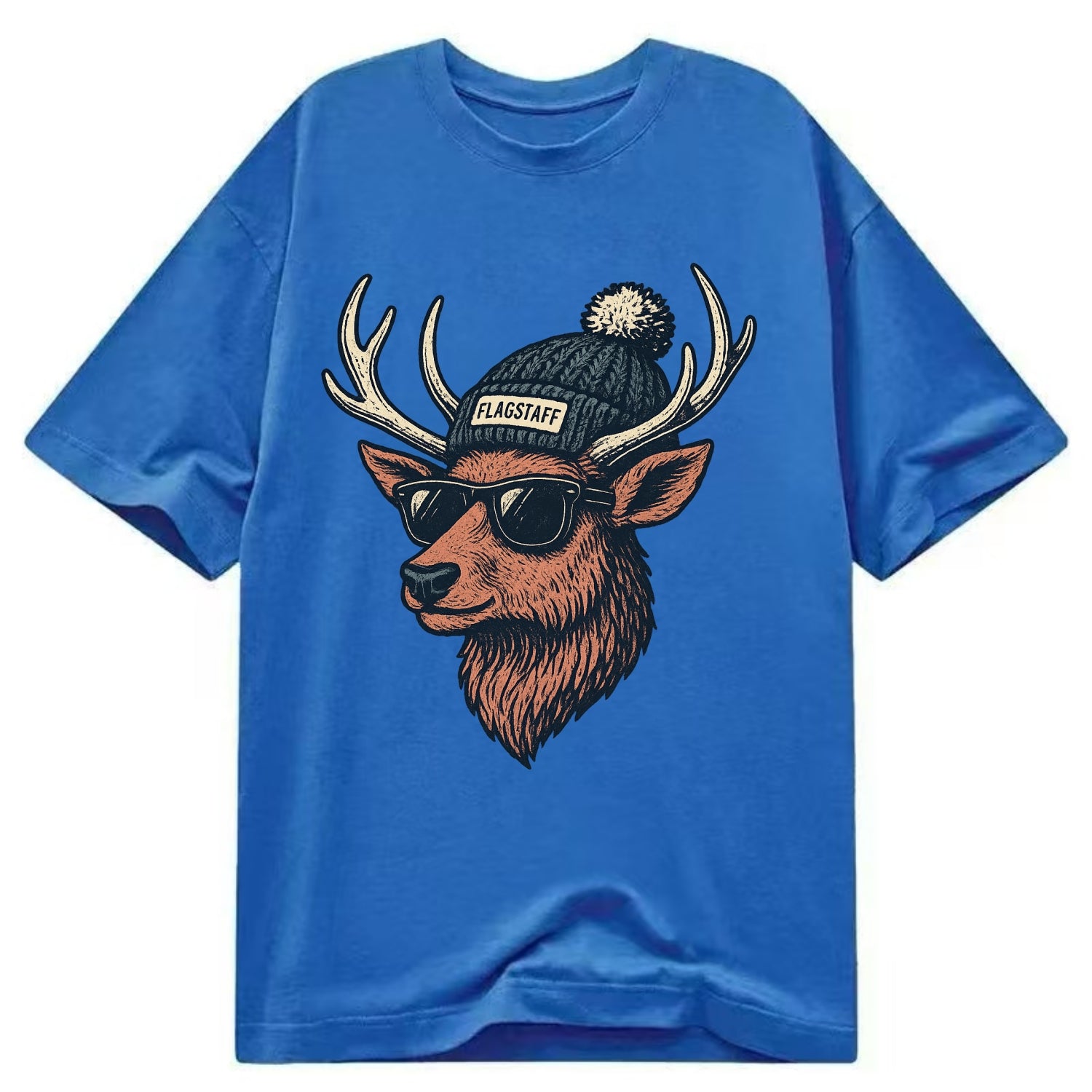 Flagstaff Elk wearing Flagstaff beanie with pom pom and wayfarer sunglasses - Classic T-shirt - Blue