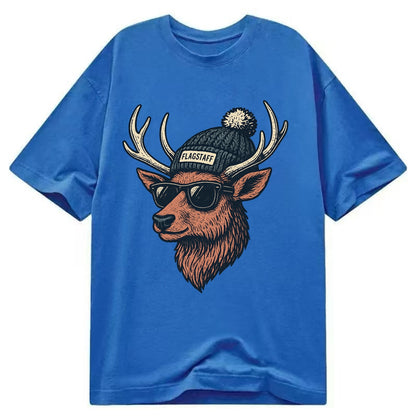 Flagstaff Elk wearing Flagstaff beanie with pom pom and wayfarer sunglasses - Classic T-shirt - Blue