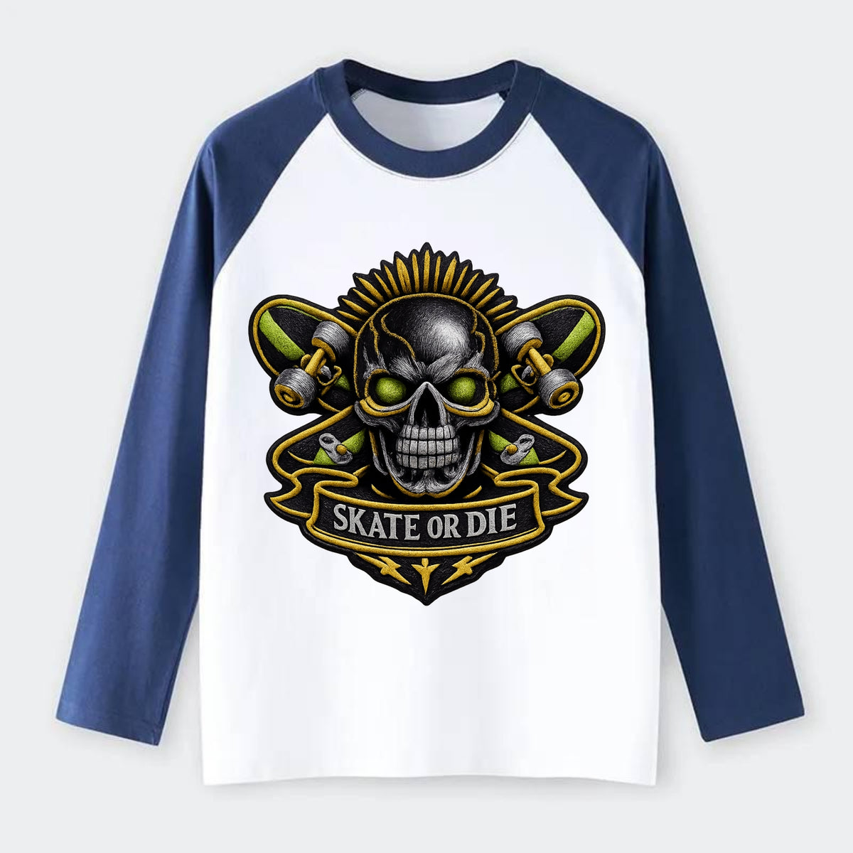 SKATEBOARD SKULL - skull with skateboard in black and neon green , - Raglan Long Sleeve T-Shirt - Blue