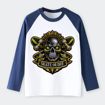 SKATEBOARD SKULL - skull with skateboard in black and neon green , - Raglan Long Sleeve T-Shirt - Blue