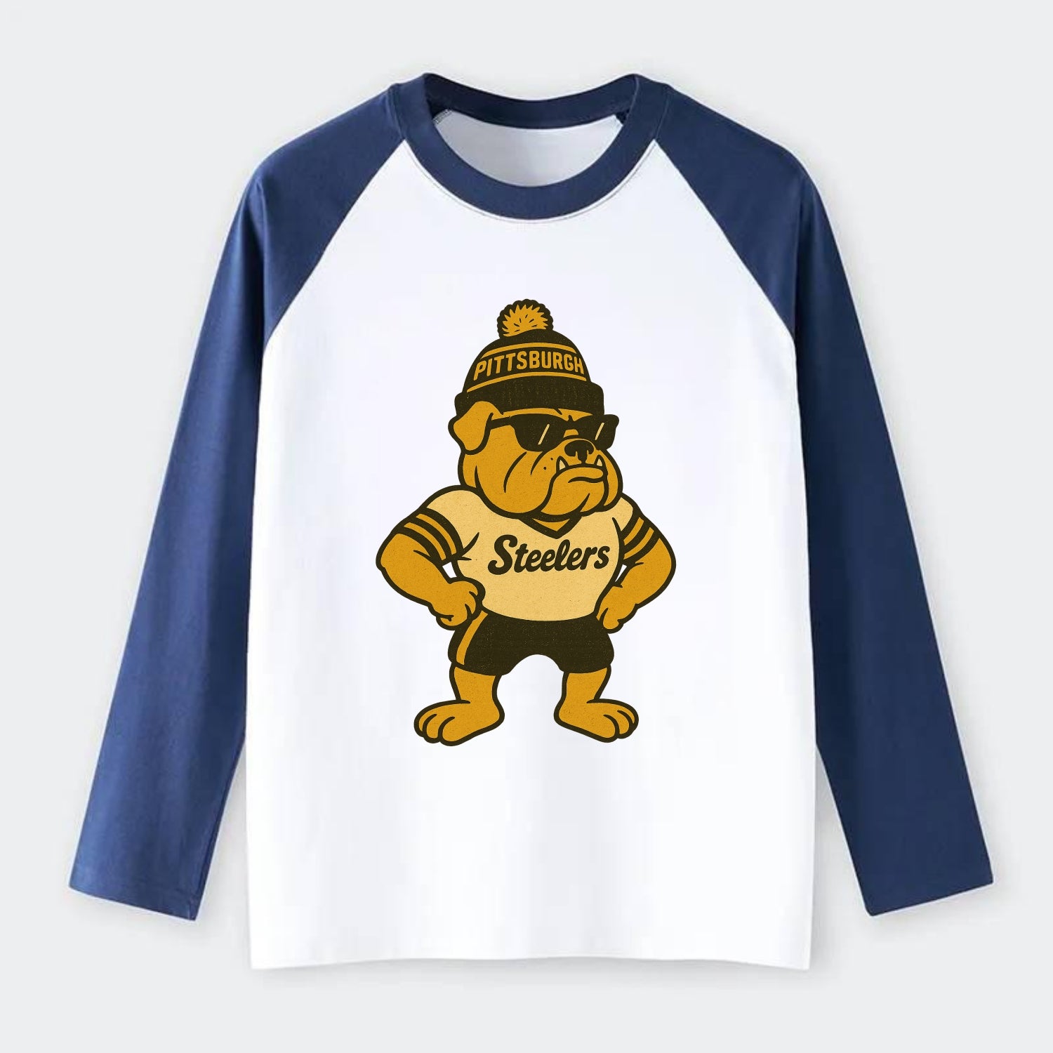 Pittsburgh Bulldog wearing Steelers black and gold beanie with pom pom - Raglan Long Sleeve T-Shirt - Blue