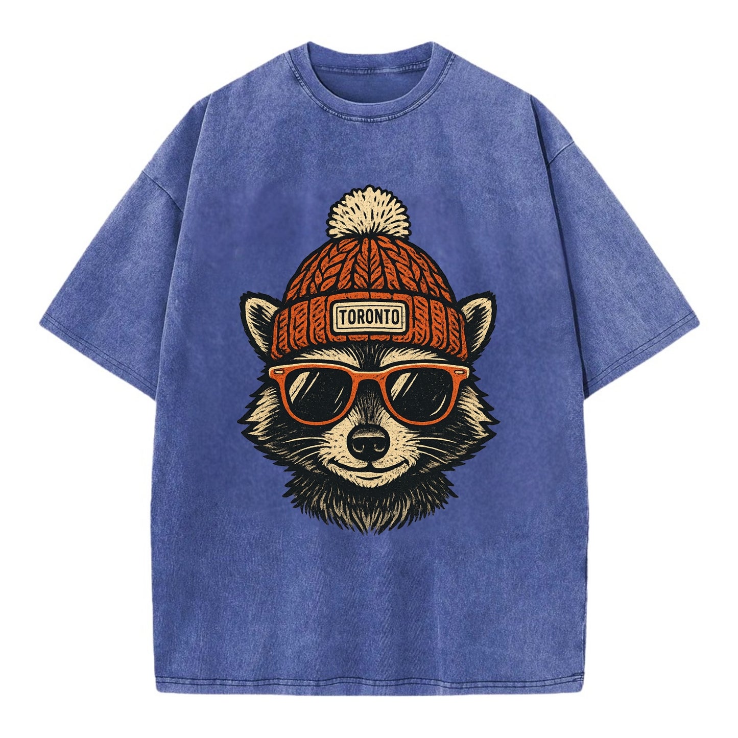 Toronto Raccoon wearing Toronto beanie with pom pom and wayfarer sunglasses - Vintage T-shirt - Blue