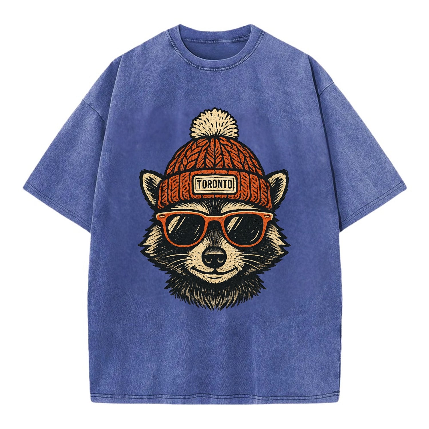 Toronto Raccoon wearing Toronto beanie with pom pom and wayfarer sunglasses - Vintage T-shirt - Blue