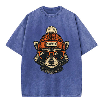 Toronto Raccoon wearing Toronto beanie with pom pom and wayfarer sunglasses - Vintage T-shirt - Blue