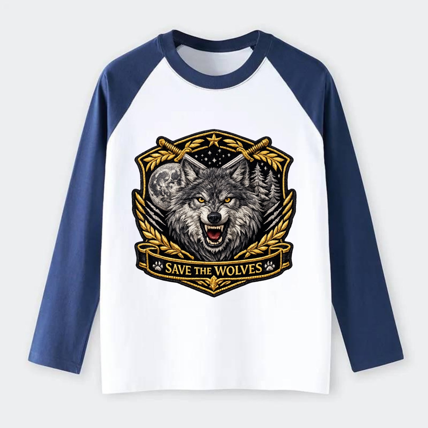 SAVE THE WOLVES - wolf moon in gray , predator protection - Raglan Long Sleeve T-Shirt - Blue
