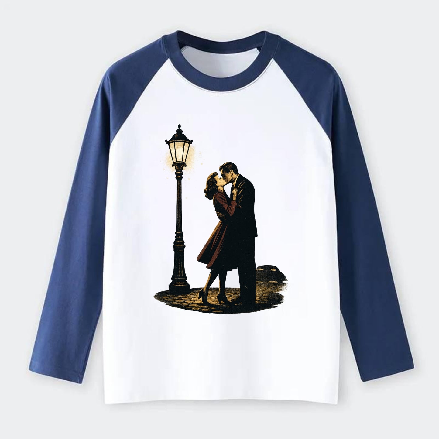 first kiss under vintage street lamp on cobblestone at night - Raglan Long Sleeve T-Shirt - Blue