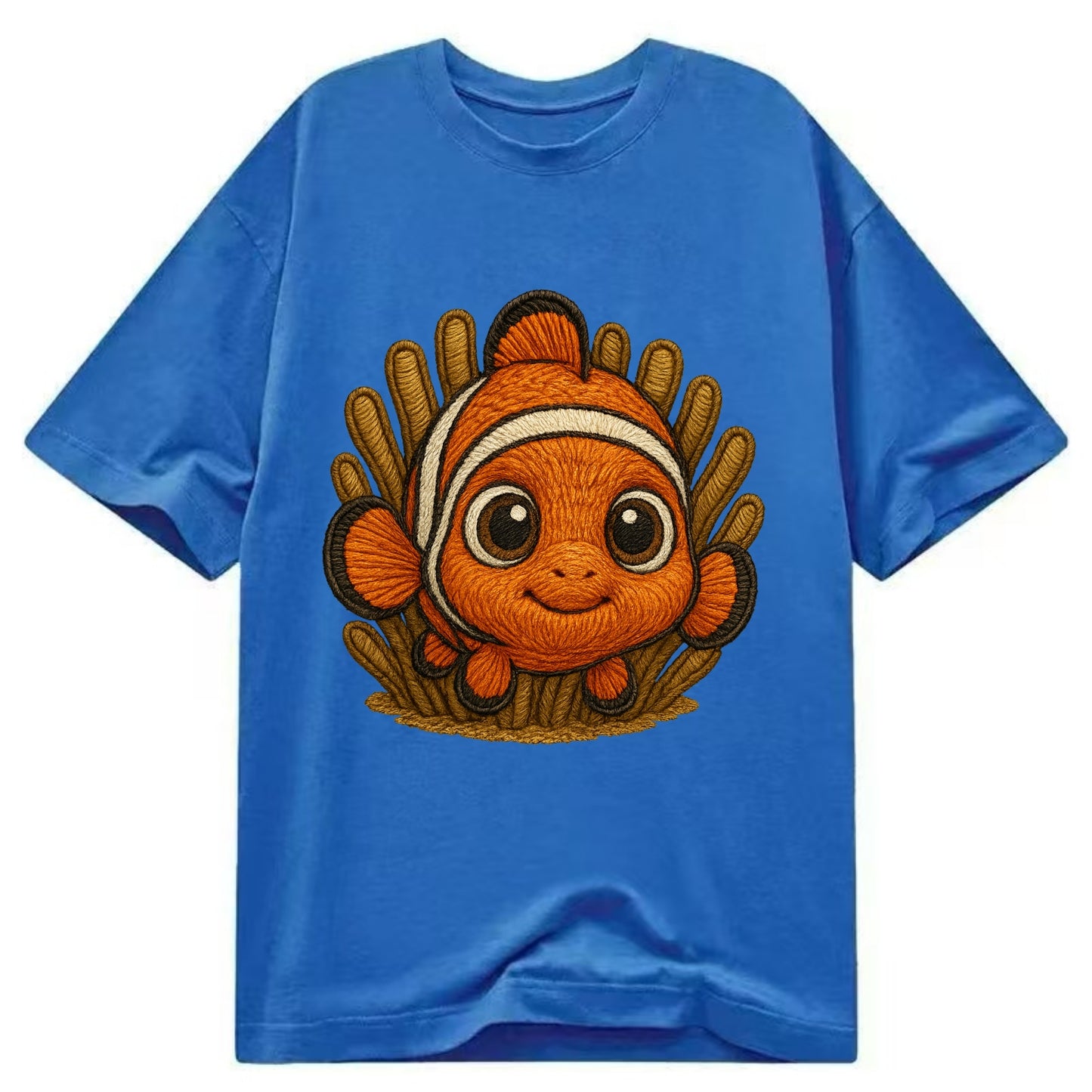 Baby Clownfish - orange with white stripes, big round eyes, front-facing in - Classic T-shirt - Blue