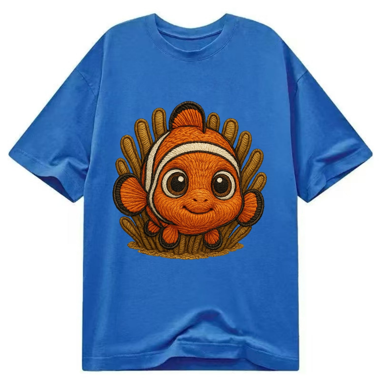 Baby Clownfish - orange with white stripes, big round eyes, front-facing in - Classic T-shirt - Blue