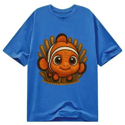 Baby Clownfish - orange with white stripes, big round eyes, front-facing in - Classic T-shirt - Blue