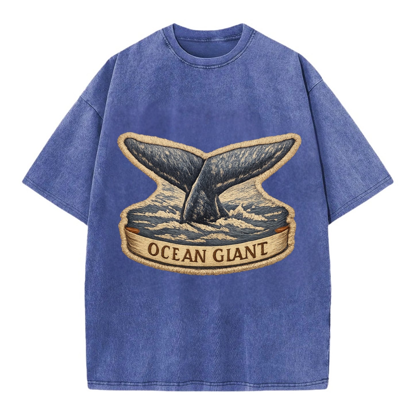 WHALE TAIL - diving whale in blue and gray , ocean giant - Vintage T-shirt - Blue