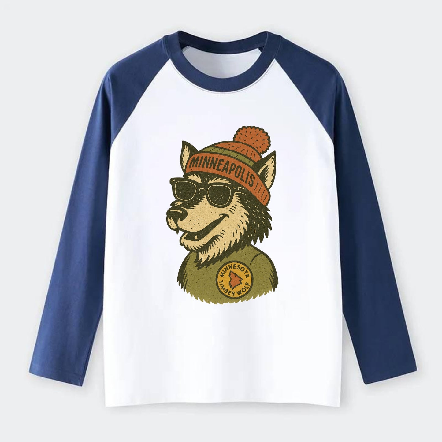 Minnesota Timber Wolf wearing Minneapolis beanie with pom pom and - Raglan Long Sleeve T-Shirt - Blue