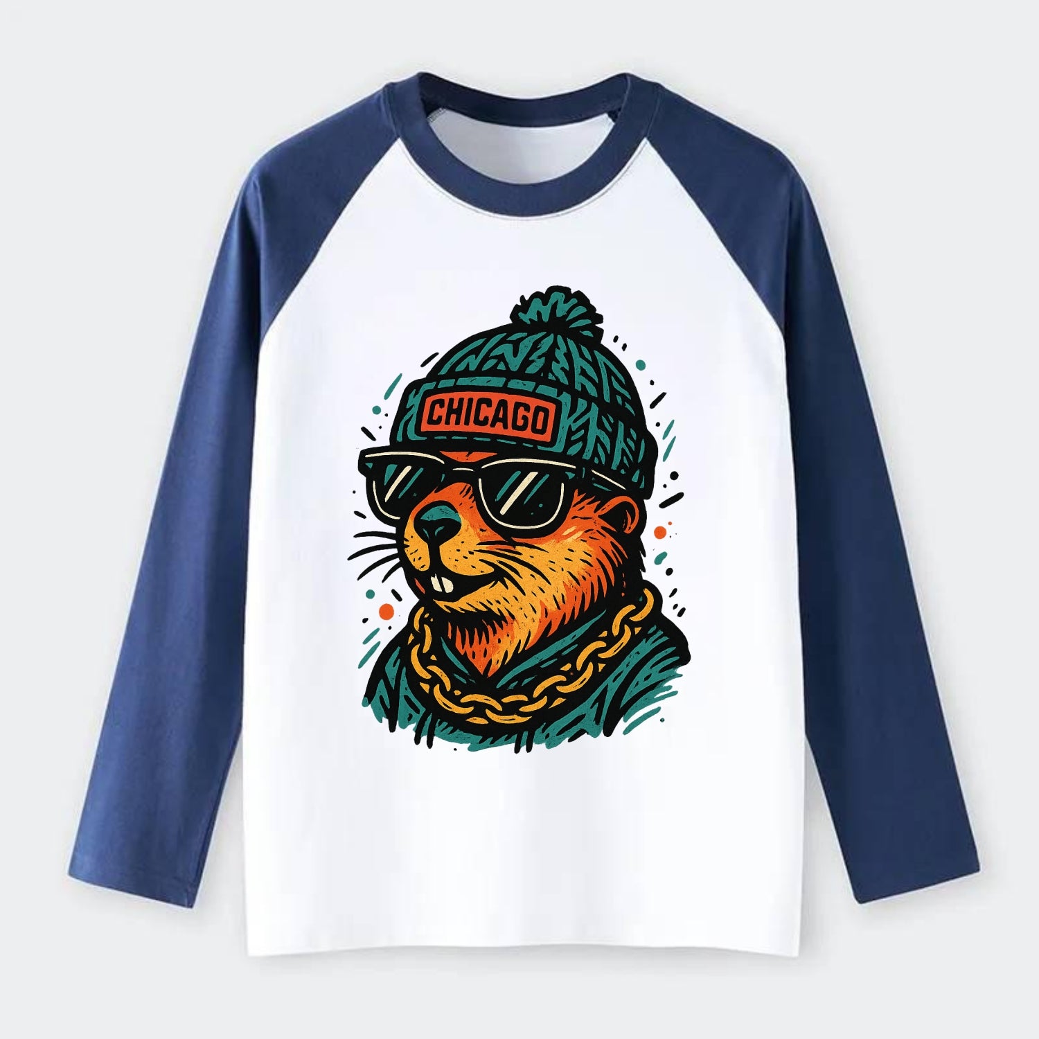 Illinois Prairie Dog wearing Chicago beanie with pom pom and wayfarer - Raglan Long Sleeve T-Shirt - Blue
