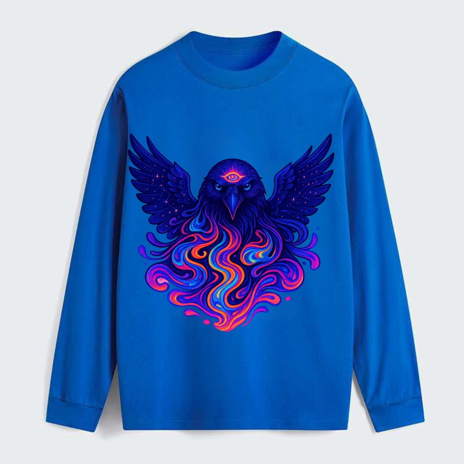 Mysterious raven with feathers showing future visions in neon colors, - Classic Long Sleeve Shirt - Blue