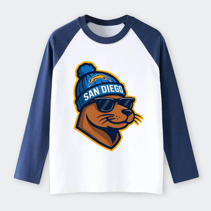 San Diego Sea Lion wearing Chargers beanie with bolt patch and - Raglan Long Sleeve T-Shirt - Blue