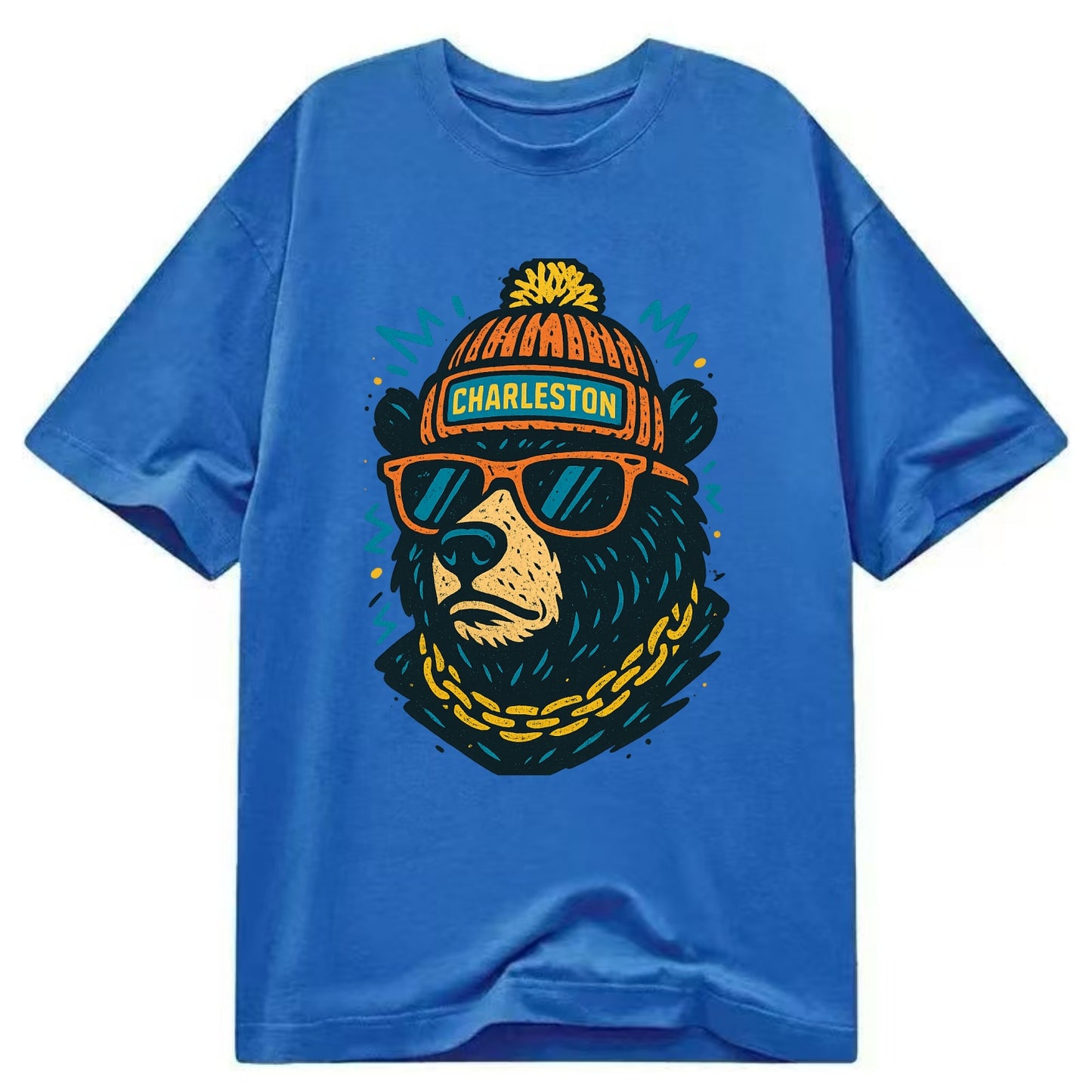 West Virginia Black Bear wearing Charleston beanie with pom pom and wayfarer - Classic T-shirt - Blue